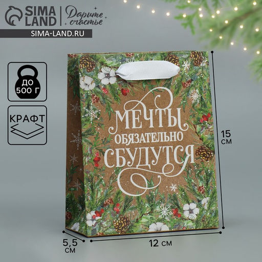 Пакет подарочный новогодний крафтовый «Пусть мечты сбудутся», S 12 х 15 х 5.5 см