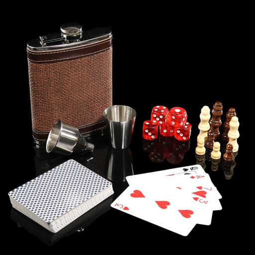 Набор 6 в 1: фляжка 8 oz, рюмка, воронка, кубики 5 шт, карты, шахматы, 18 х 24 см - Simaland фото 3