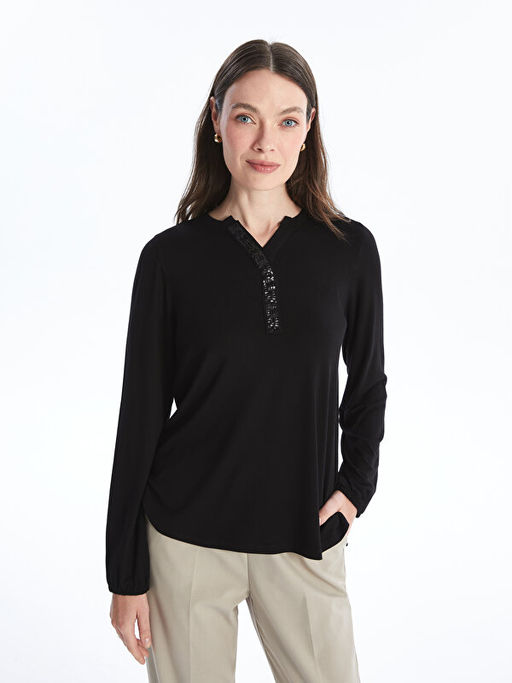 Ka??k Yaka Pul Payetli Uzun Kollu Kad?n Bluz