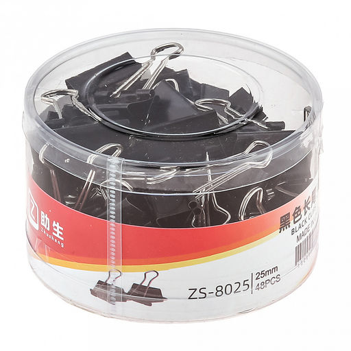 Зажим для бумаги 25мм металл, цвет - черный, набор 48 штук, в пластиковой банке д9,8см h6,1см (Китай)