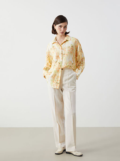 Standart Fit D?z Keten Kar???ml? Kad?n Pantolon