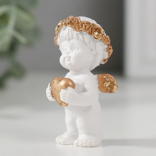 Цена за 2 шт.Фигурка полистоун Ангелочек в венке с сердечком, белый с золотом, 5.2?2.5?2.7 см