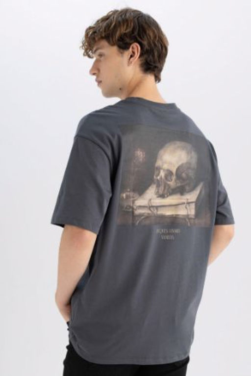 Jacgues Linard Boxy Fit Bisiklet Yaka S?rt Bask?l? Pamuklu K?sa Kollu Tisort