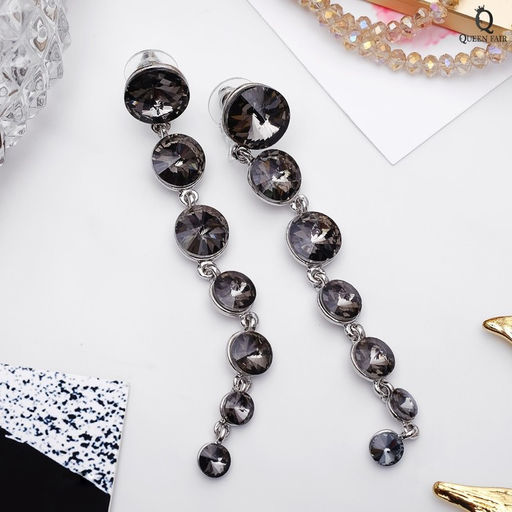 Серьги висячие со стразами Роскошь дорожка с кругами, цвет серый в серебре,10 см - Qf фото 2