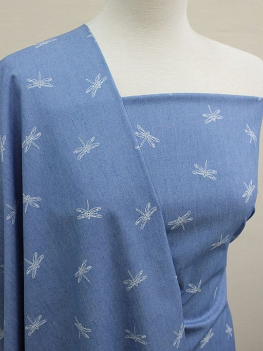 Джинсовая ткань Стрекозки на голубой джинсе, ш.1.45м, хл-85%, п/э-15%, 135гр/м.кв - Купава фото 2