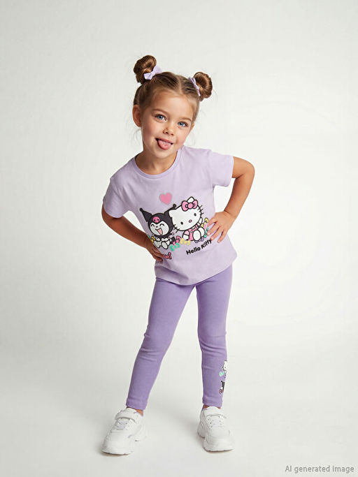 Hello Kitty Bask?l? K?z ?ocuk Penye Ti??rt ve Tayt