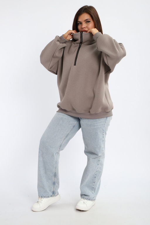 Толстовка женская из футера начес Комфорт серо-коричневый макси