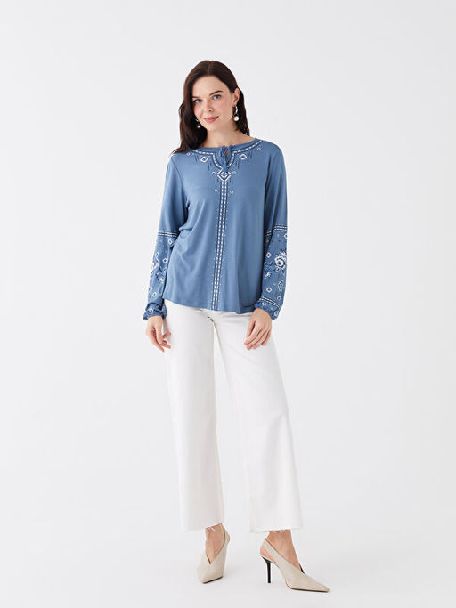 Ba?lamal? Yaka Bask?l? Uzun Kollu Kad?n Bluz