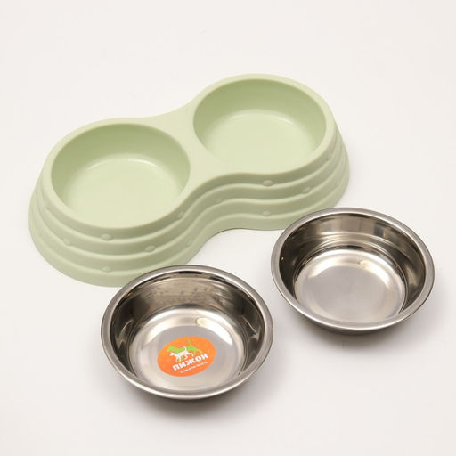 Миска металлическая двойная на пластиковом основании 2 х 160 мл, 25 х 14 х 5 см, зелёная - Пижон фото 4