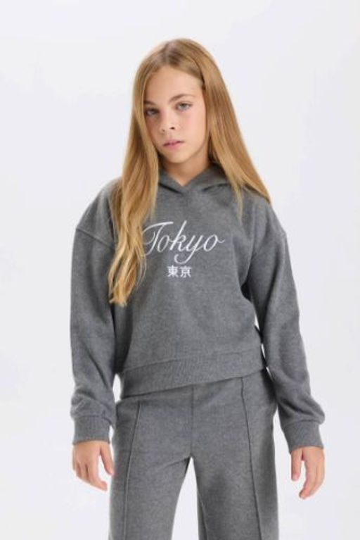K?z Cocuk Kapusonlu Bask?l? Selanik Kumas Sweatshirt