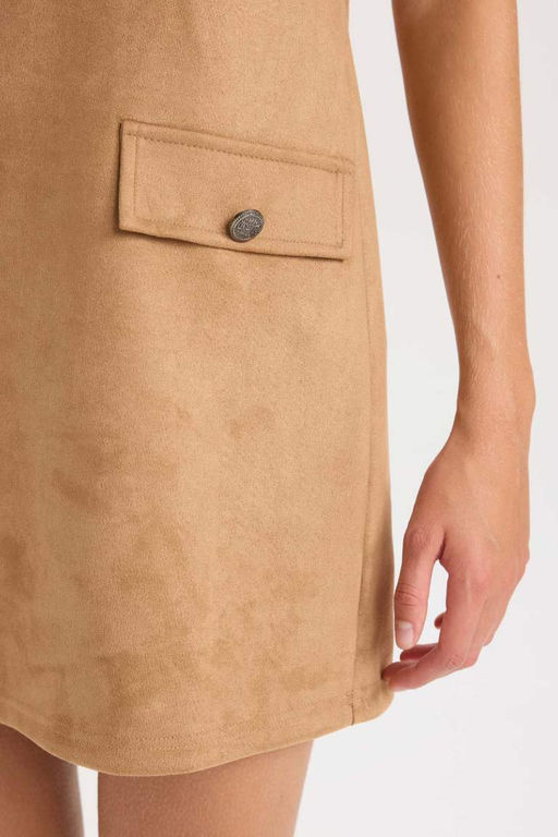 Мини-платье трапециевидного силуэта с круглым вырезом и короткими рукавами из ткани для подводного плавания - Defacto фото 5