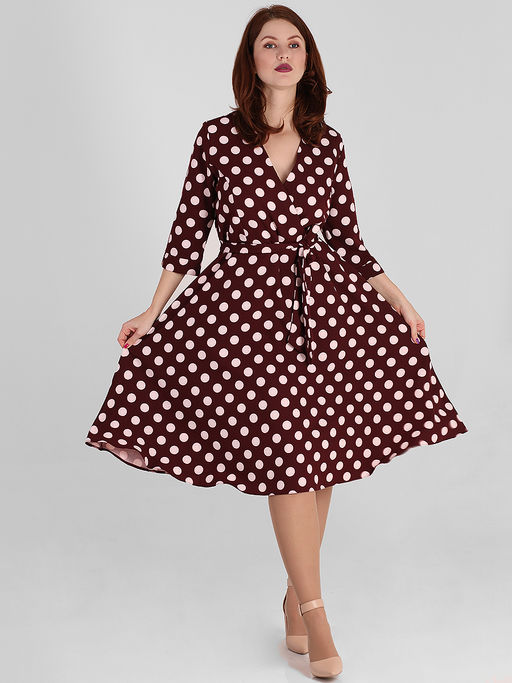 Бордовое платье в горошек женское с поясом - Almond фото 4