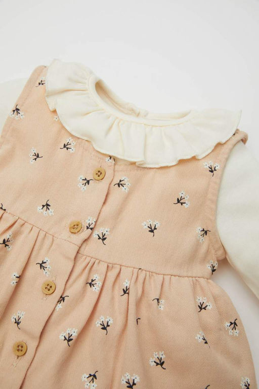 Платье из саржи с длинными рукавами и цветочным принтом для маленьких девочек, комплект из 2 предметов - Defacto фото 2