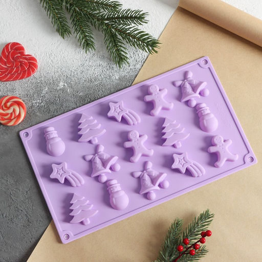 Форма для конфет и шоколада новогодняя Доляна Ёлочки - иголочки, силикон, 30?17.3?1.3 см, 15 ячеек, сиреневая