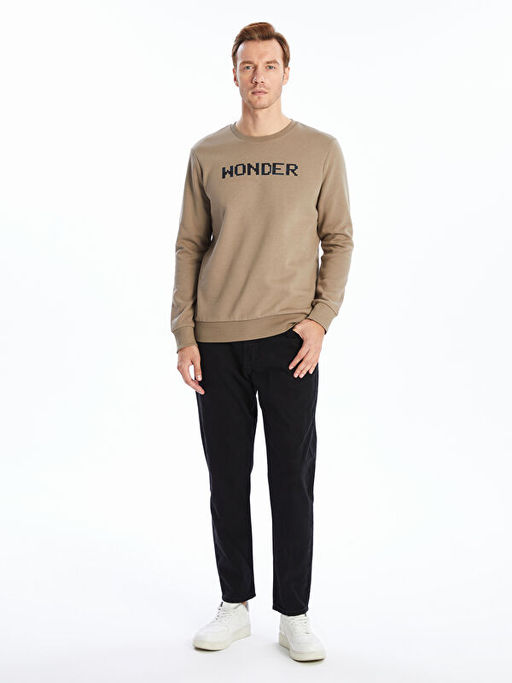 Bisiklet Yaka Bask?l? Erkek Kal?n Sweatshirt