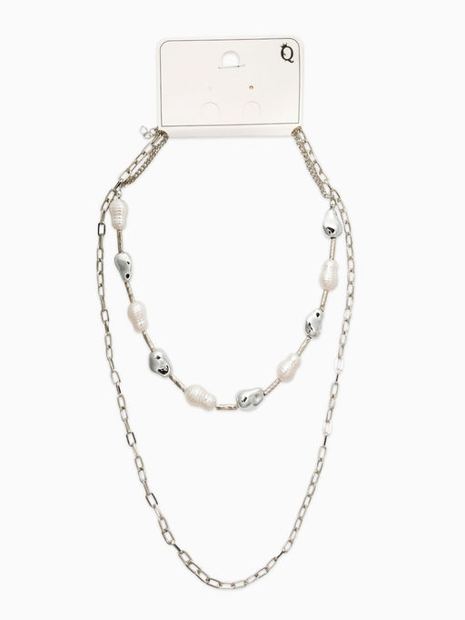 Колье "Жемчуг" борокко, цепь, удлиненное, 2 яруса, цвет белый в серебре