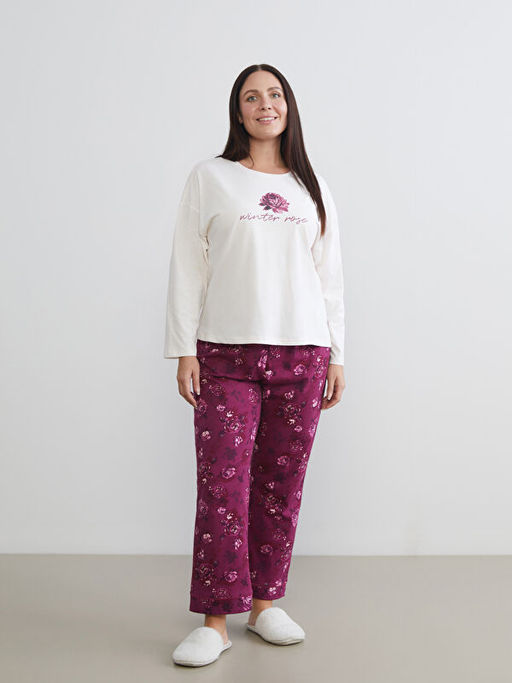 Bisiklet Yaka ?i?ekli Kad?n Pijama Tak?m?