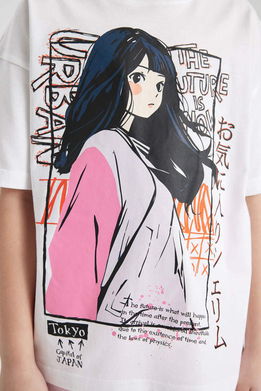 Футболка оверсайз с принтом и короткими рукавами для девочек - Defacto фото 4