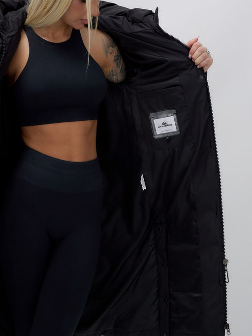 Пальто утепленное стеганное зимнее с капюшоном женское черного цвета 9628Ch - Mtforce фото 14