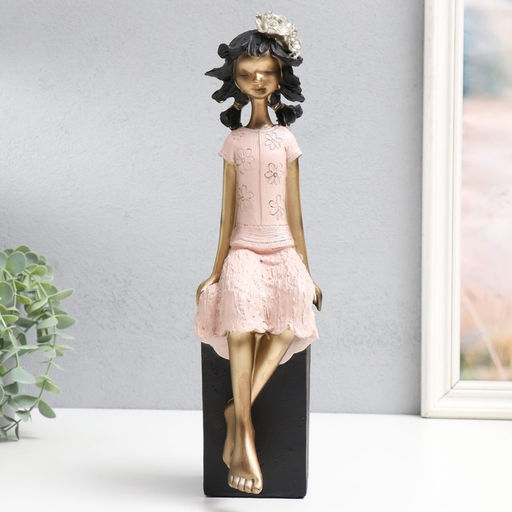 Фигурка полистоун Девочка на кубе, с цветком в волоса?, бело-золотой 9.5?12?34 см