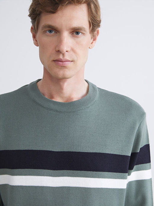 Bisiklet Yaka Uzun Kollu ?izgili Erkek Triko Kazak