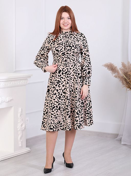 Платье леопардовое приталенное с длинным рукавом - Almond фото 2
