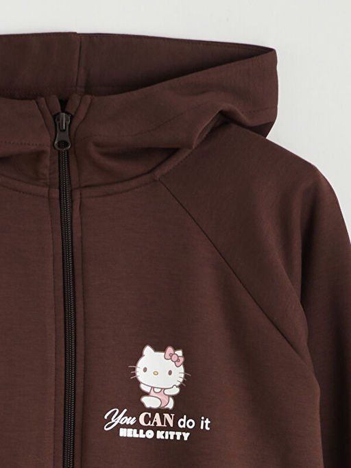 Kap??onlu Hello Kitty Bask?l? K?z ?ocuk Fermuarl? Sweatshirt