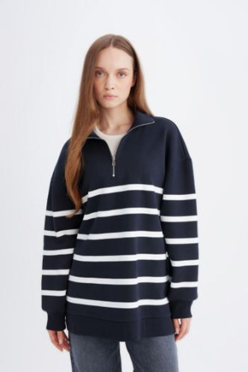Relax Fit Polo Yaka Cizgili Ici Yumusak Tuylu Kal?n Sweatshirt Tunik
