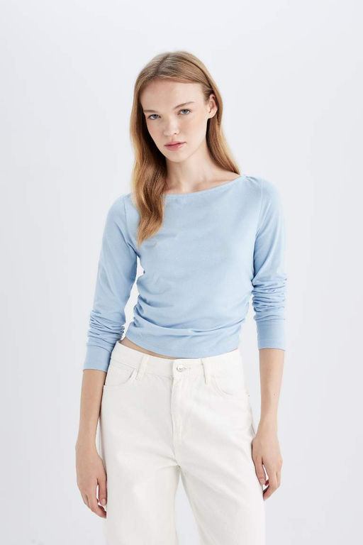 Женская базовая однотонная футболка с вырезом лодочкой и длинными рукавами - Defacto фото 4