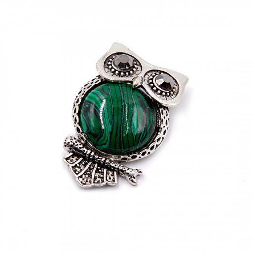 Брошь Сова с камнем Малахит защита финансов и бизнеса 3,5х4,5см