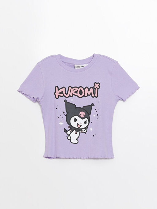Bisiklet Yaka Kuromi Bask?l? K?z ?ocuk Crop Ti??rt