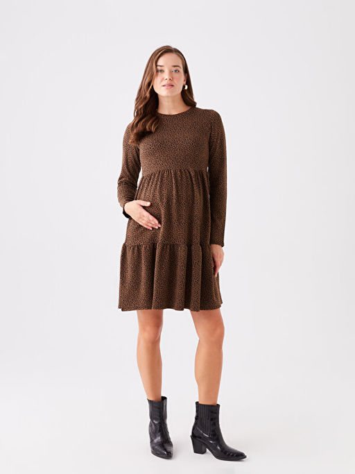 Bisiklet Yaka Desenli Uzun Kollu Hamile Elbise