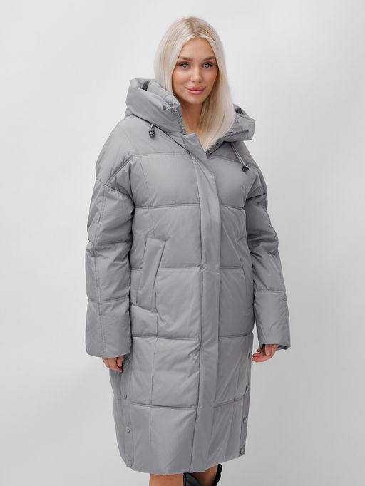 Пальто летучая мышь женское с капюшоном зимнее серого цвета 9619Sr - Mtforce фото 11