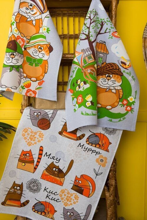 К-т полотенец Мурлыки 50*60 см. - 3 шт. вафля хлопок 100% - Лен поволжья фото 2