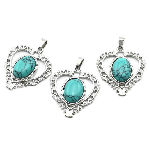Кулон в виде Сердца 35*38мм с бирюзой искусственной