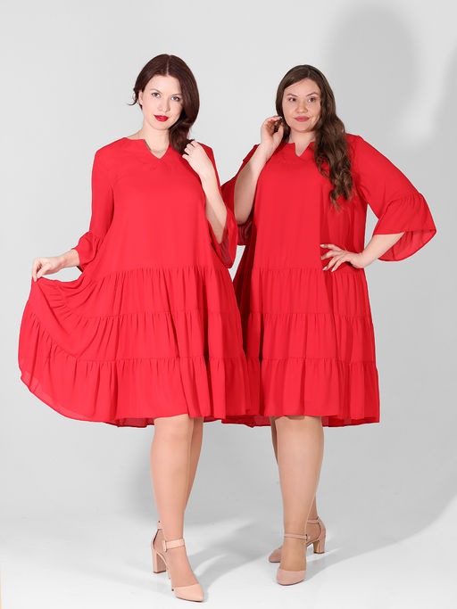 Платье-двойка свободное нарядное больших размеров красное - Almond фото 5