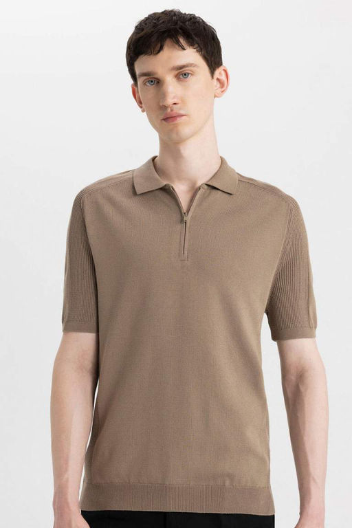 Slim Fit Dar Kesim K?sa Kollu Basic Duz Triko Polo Tisort - Defacto фото 2