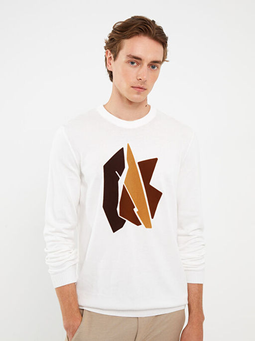 Bisiklet Yaka Uzun Kollu Bask?l? Erkek Triko Kazak