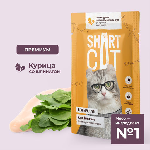 Паучи для взрослых кошек и котят кусочки курочки со шпинатом в нежном соусе