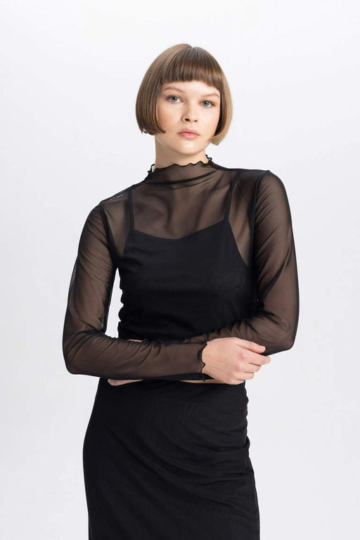 Футболка приталенного кроя с полуводолазкой и длинными рукавами из тюля - Defacto фото 3