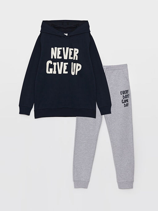 Bask?l? Uzun Kollu Erkek ?ocuk Hoodie ve E?ofman Alt? - Waikiki фото 3