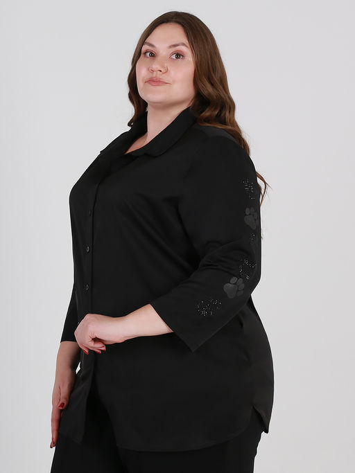 Черная рубашка со стразами больших размеров принт кошка - Almond фото 2