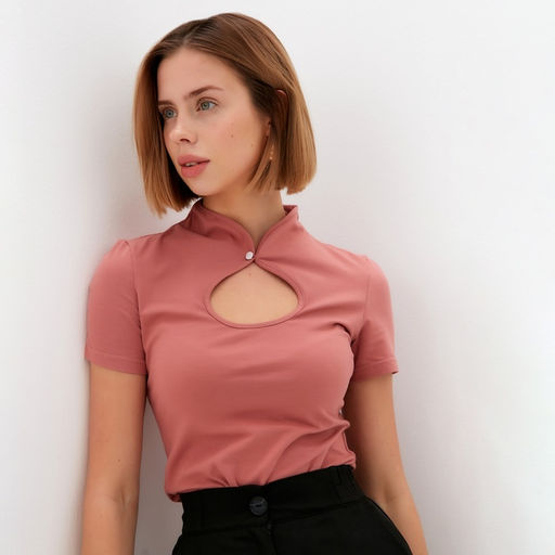 Футболка женская с вырезом MINAKU: Basic line, пыльная роза, размер 42