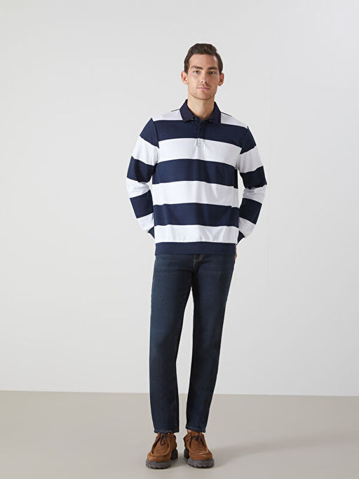Polo Yaka Uzun Kollu ?izgili Erkek Sweatshirt