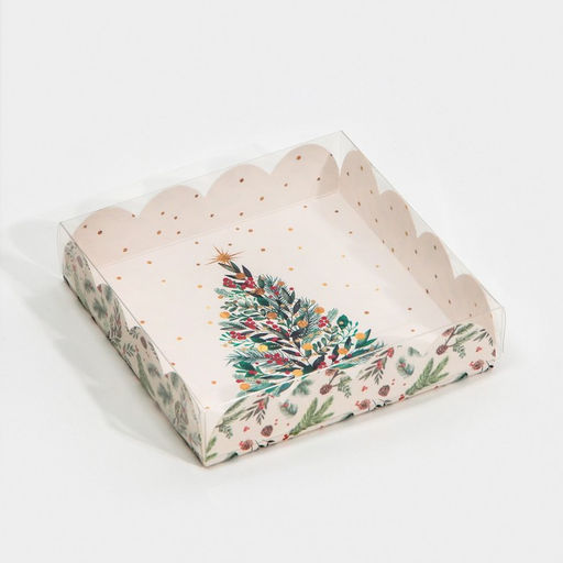 Цена за 5 шт. Коробка для кондитерских изделий новогодняя с пластиковой крышкой «Ёлка», 13×13×3 см