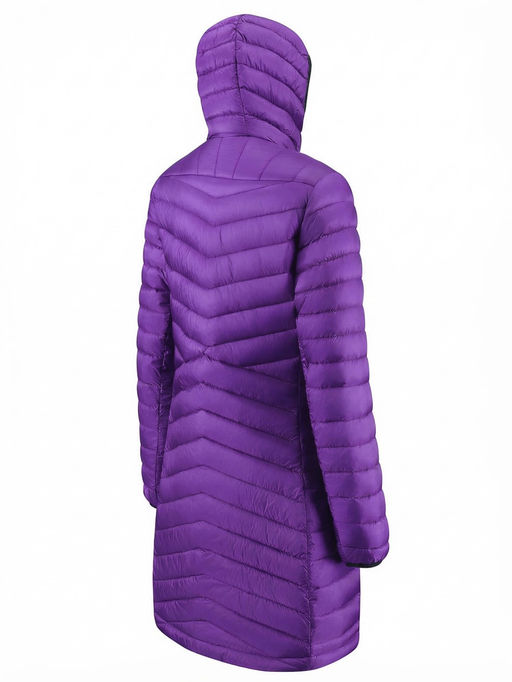 Куртка женская удлинённая стёганая с капюшоном и графеновой подкладкой фиолетового цвета 9628_1F