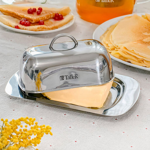 Масленка из нержавеющей стали Молли 18,5х12,5х8см, s0,7мм, вмещает 250г масла, полировка внешняя - зеркальная, внутренняя - зеркальная, крышка с ручкой, закругленные безопасные края, цветная коробка, TalleR (Китай) - Домашняя мода фото 6