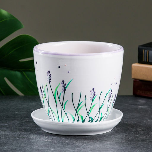 Горшок для цветов Лаванда, керамический, с поддоном, 1 л, белый