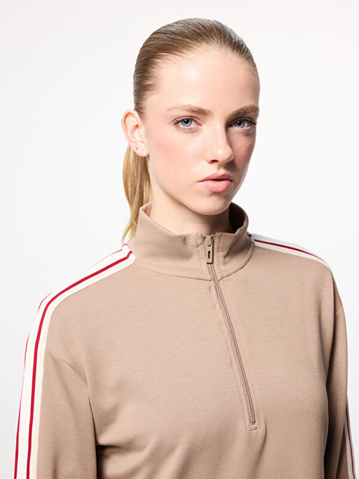 Dik Yaka ?erit Detayl? Kad?n Fermuarl? Sweatshirt