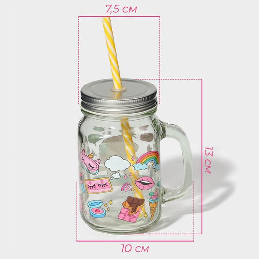Кружка Доляна «Единорог», 450 мл, 10×7.5×13 см, стекло, с крышкой и трубочкой